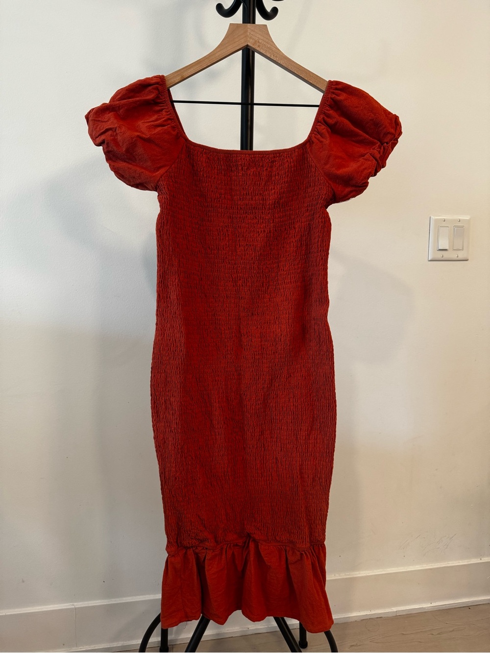 Rust Orange Puff-Sleeve Smocked Midi Dress - L